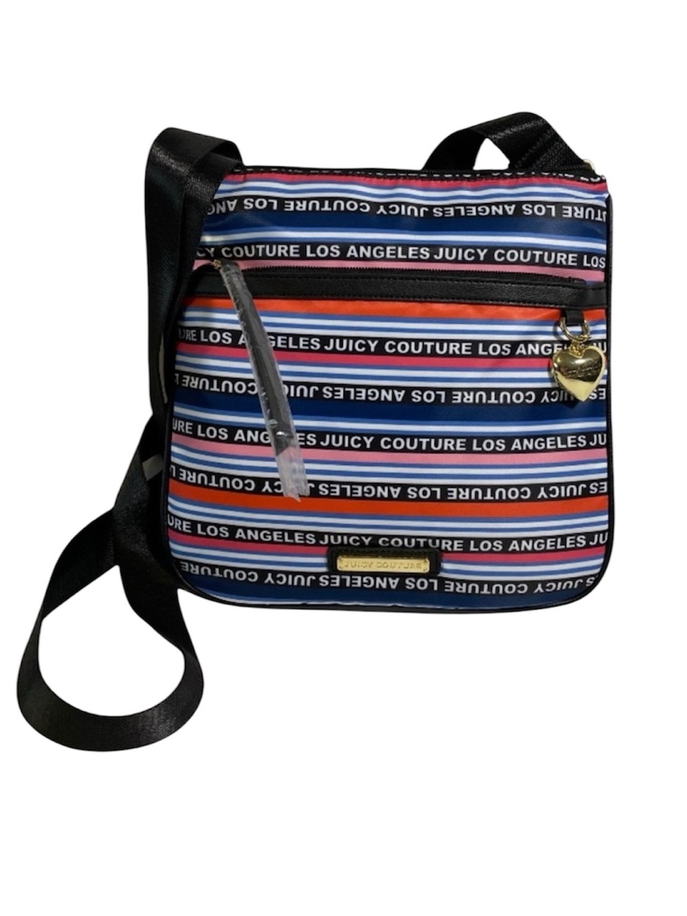 Juicy Couture Crossbody Bag Sporty Stripe Sport Zip Top Closure Gold Puff Heart